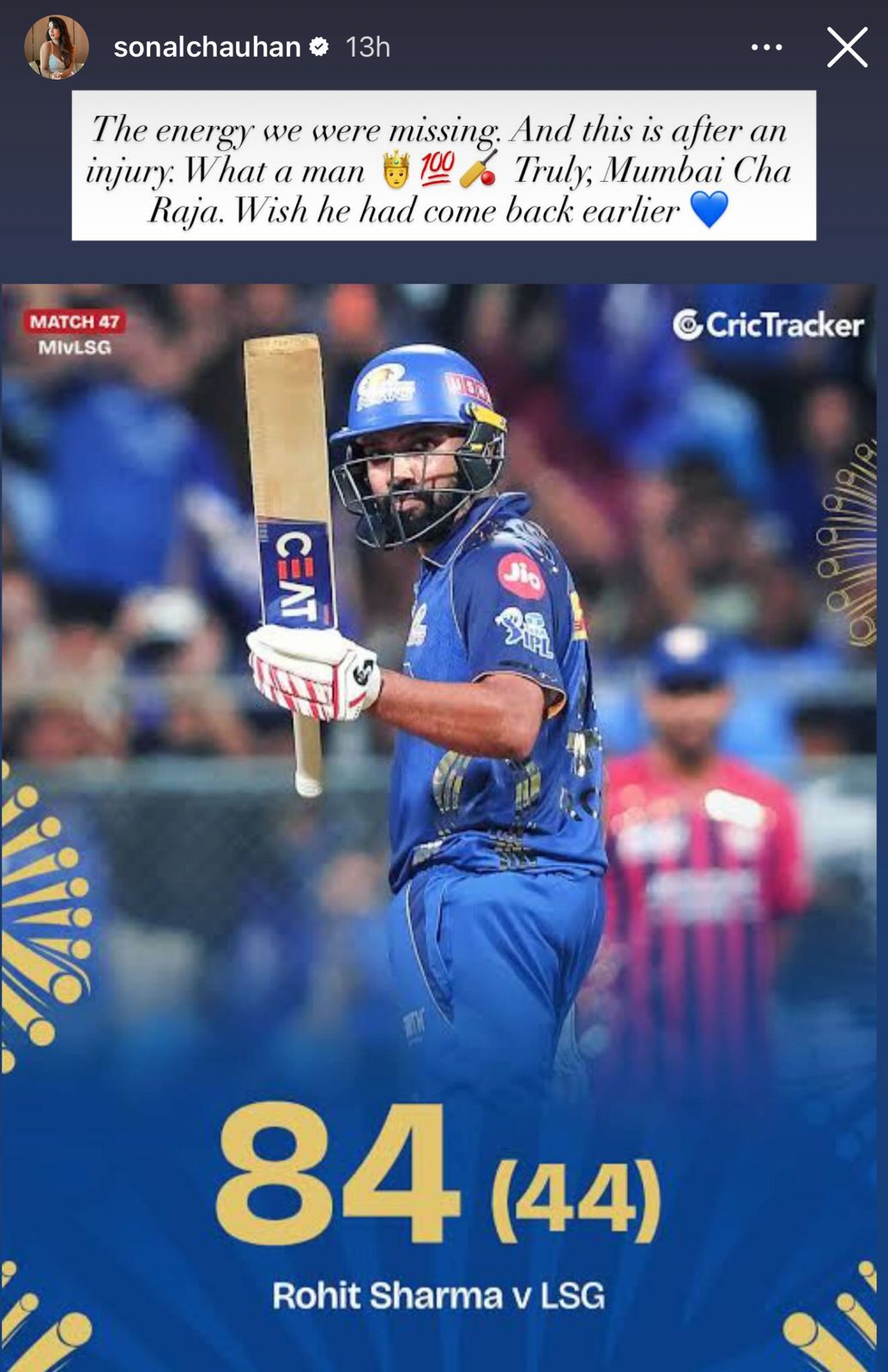 IPL 2026: Sonal Chauhan Gives a Warm Shoutout to “Mumbai Cha Raja” Rohit Sharma as He Shines on Comeback During Mumbai Indians Vs Lucknow Super Giants Clash