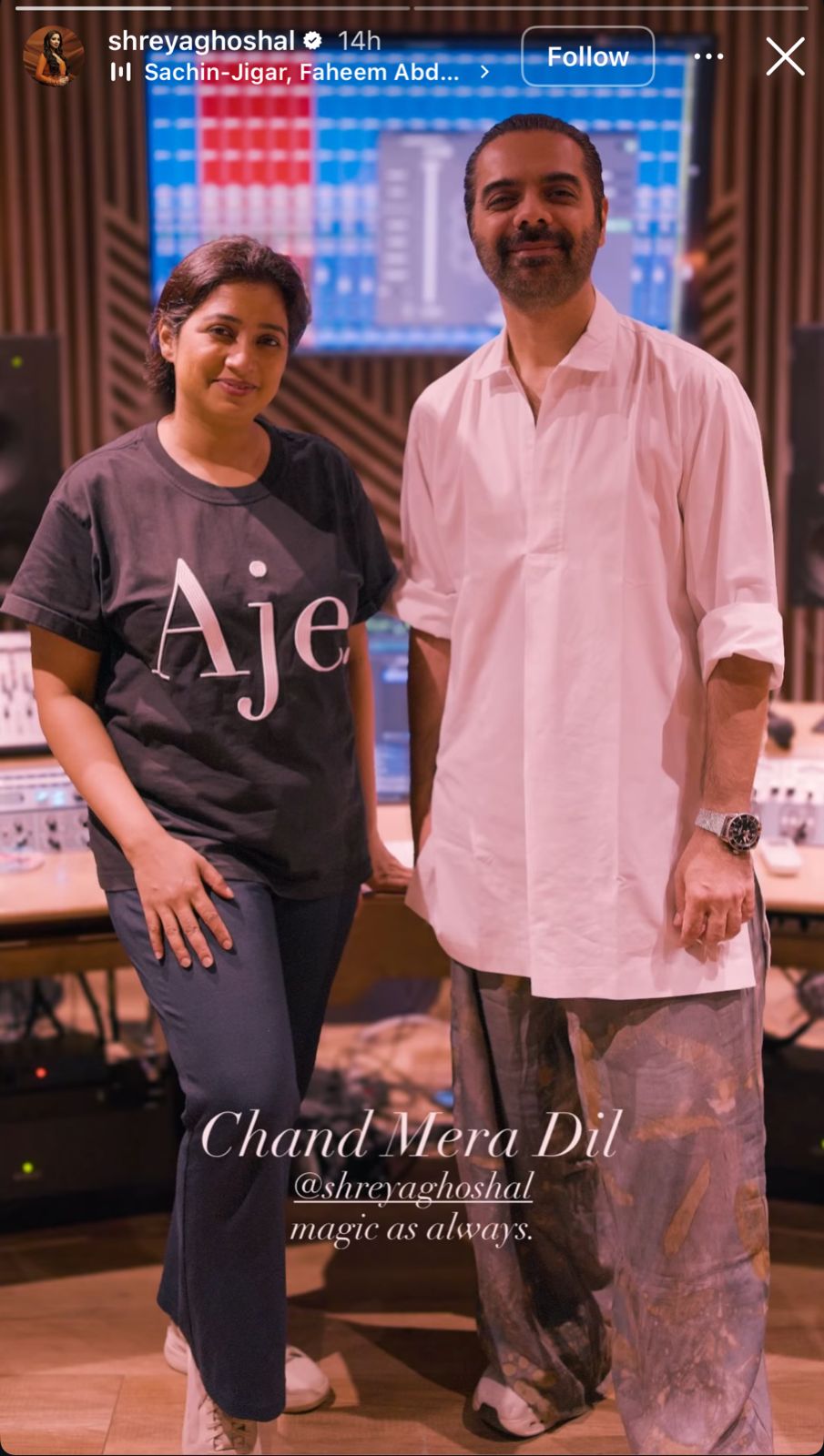 A studio picture of Shreya Ghoshal & Jigar has the internet guessing about Chand Mera Dil’s next song